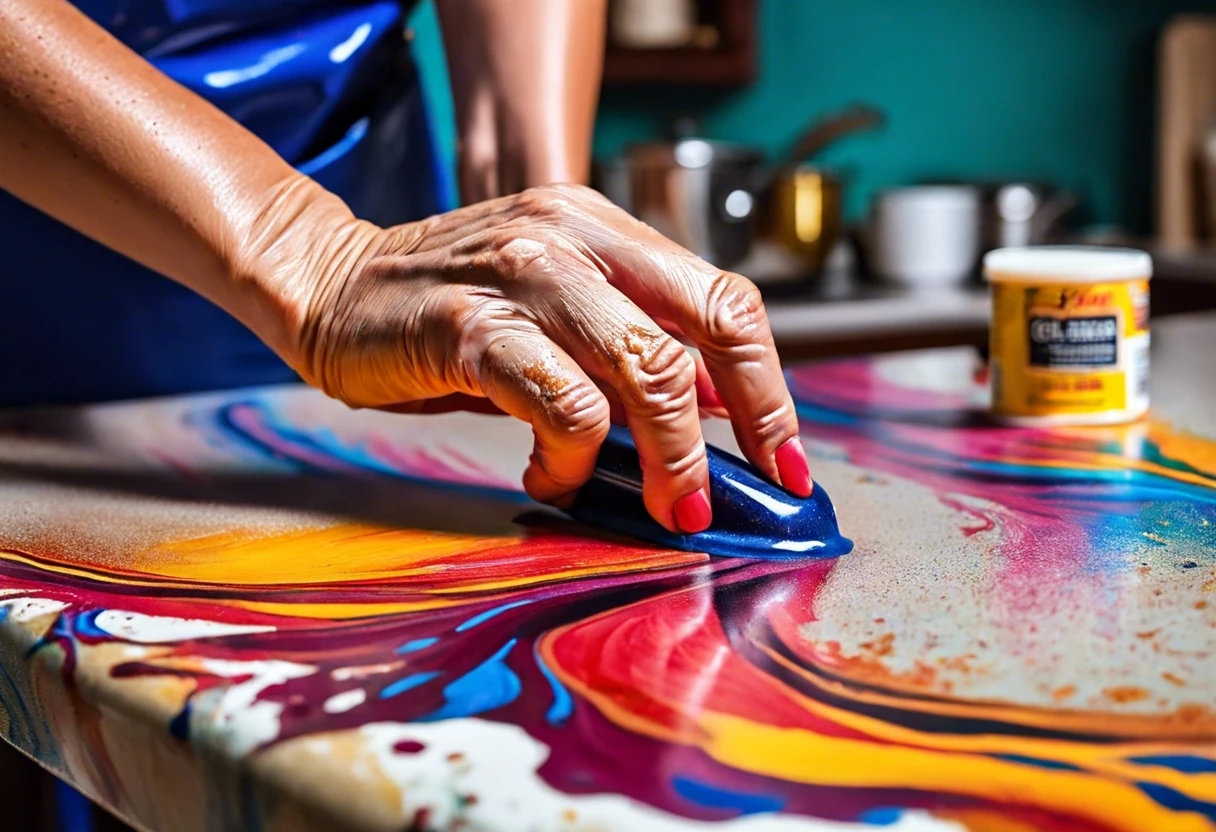 A person painting a laminate countertop with vibrant colors, demonstrating how to paint laminate surfaces.