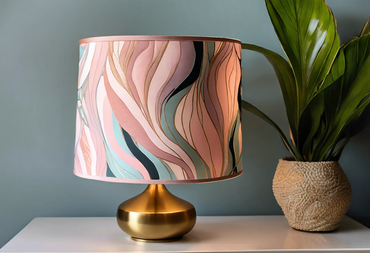 A beautifully painted lamp shade with soft waves of pink and mint colors, showcasing creative possibilities for lamp shade painting.