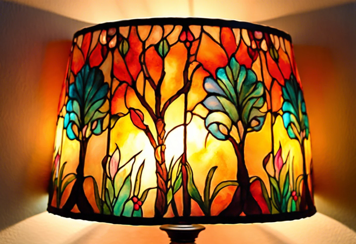Colorful stained glass lamp shade showcasing vibrant trees and flowers, illustrating the artistic potential of painted lamp shades.