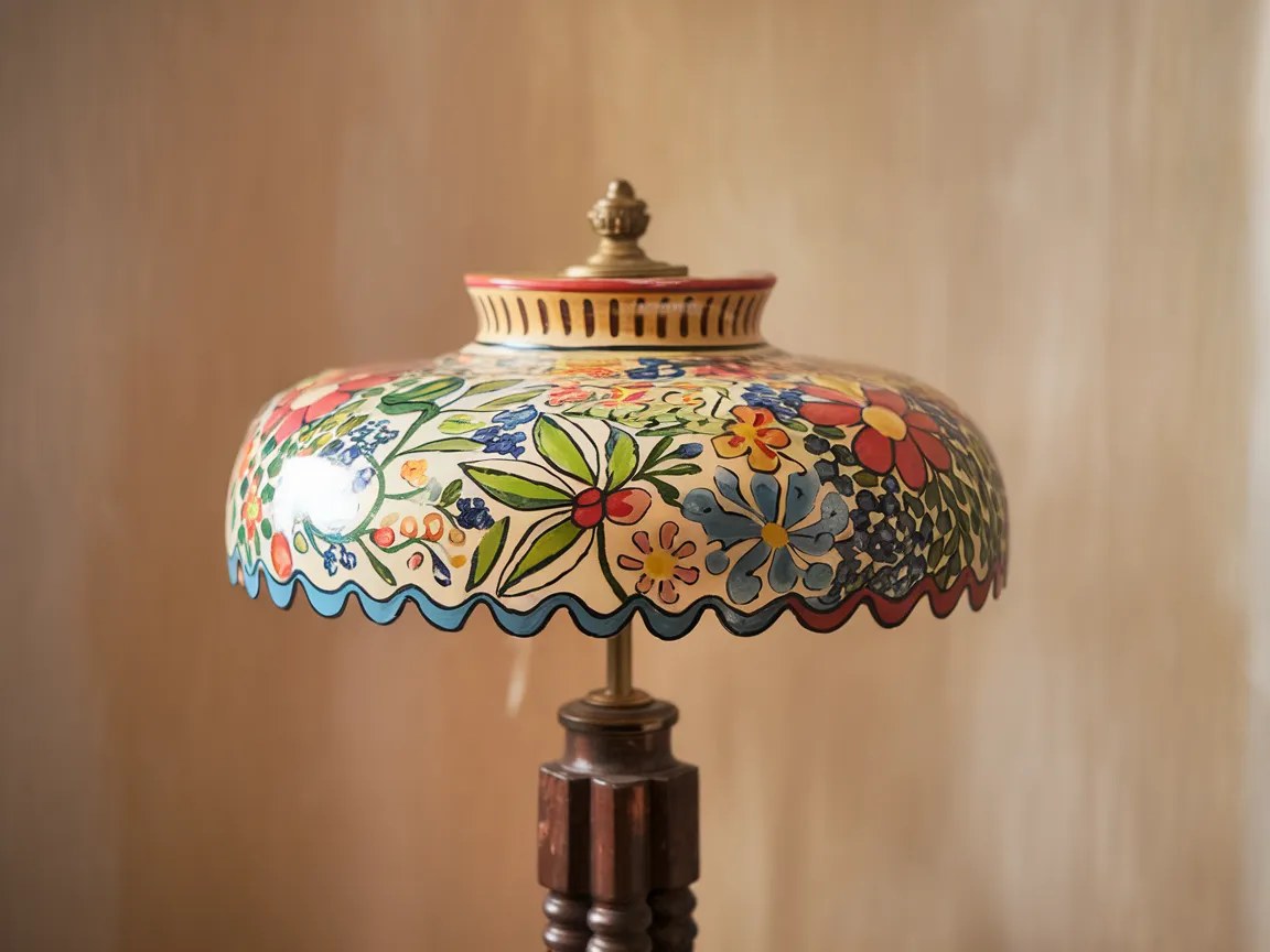 A beautifully painted lamp shade featuring floral designs, showcasing the potential of painting lamp shades.