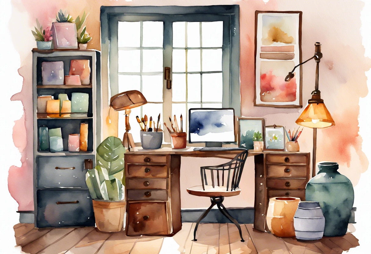 A beautifully arranged home office featuring a painted lamp shade, illustrating the concept of customizing lamp shades.