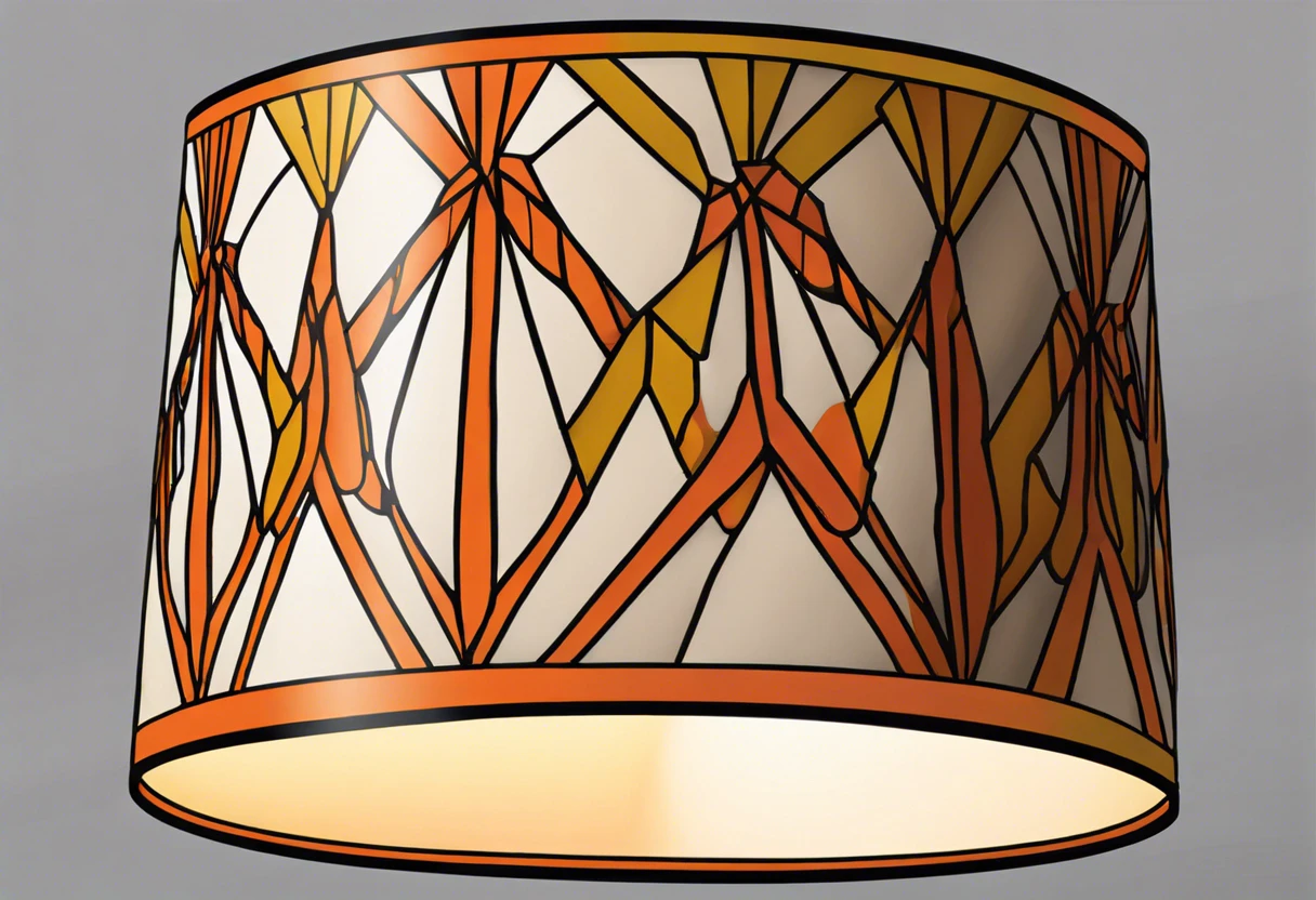 A creatively painted lampshade with vibrant orange and yellow geometric patterns.