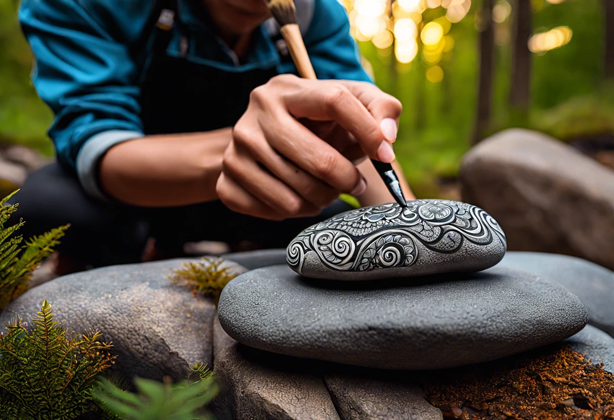 Person painting decorative designs on landscape rocks in a natural setting