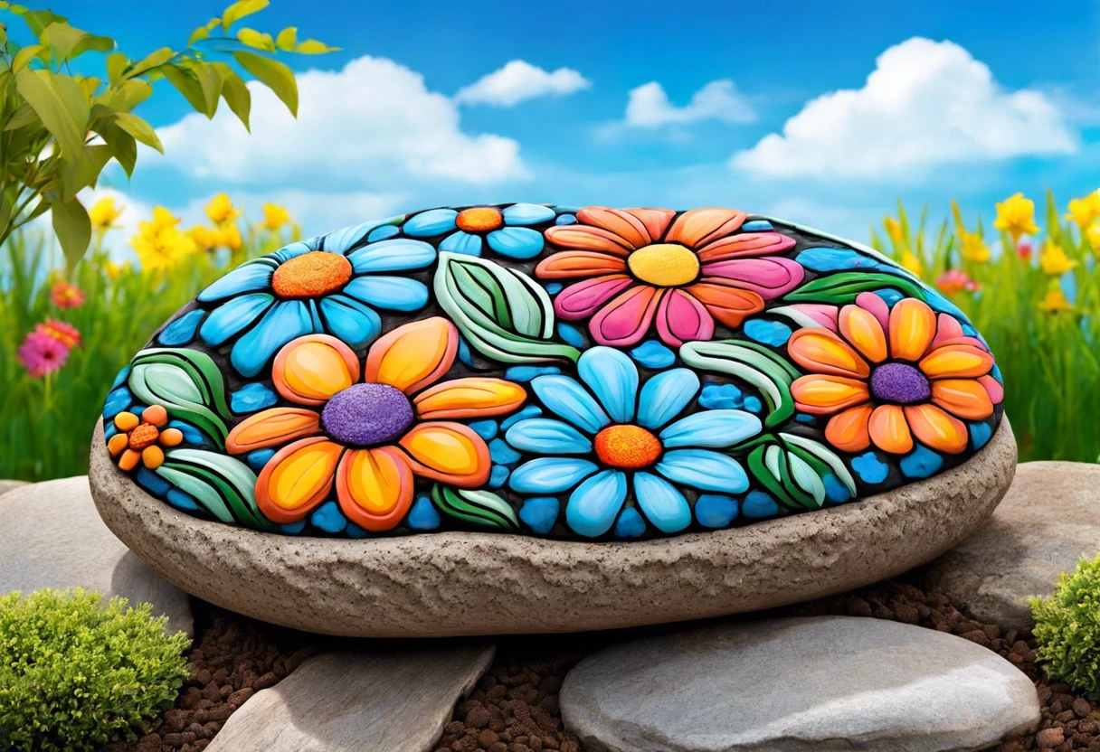 Colorful painted landscape stones featuring flowers and greenery.