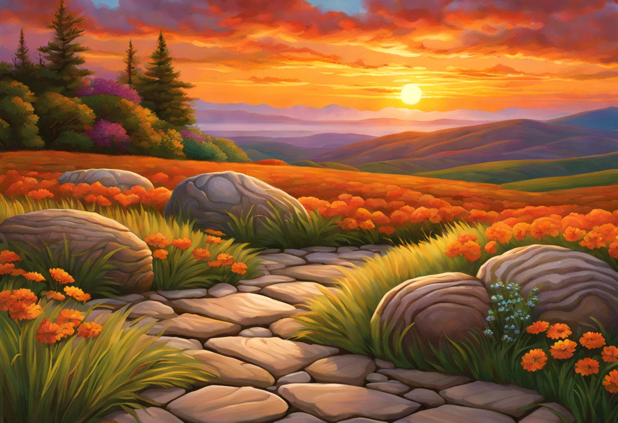 A vibrant landscape featuring painted stones amidst colorful flowers and a sunset.