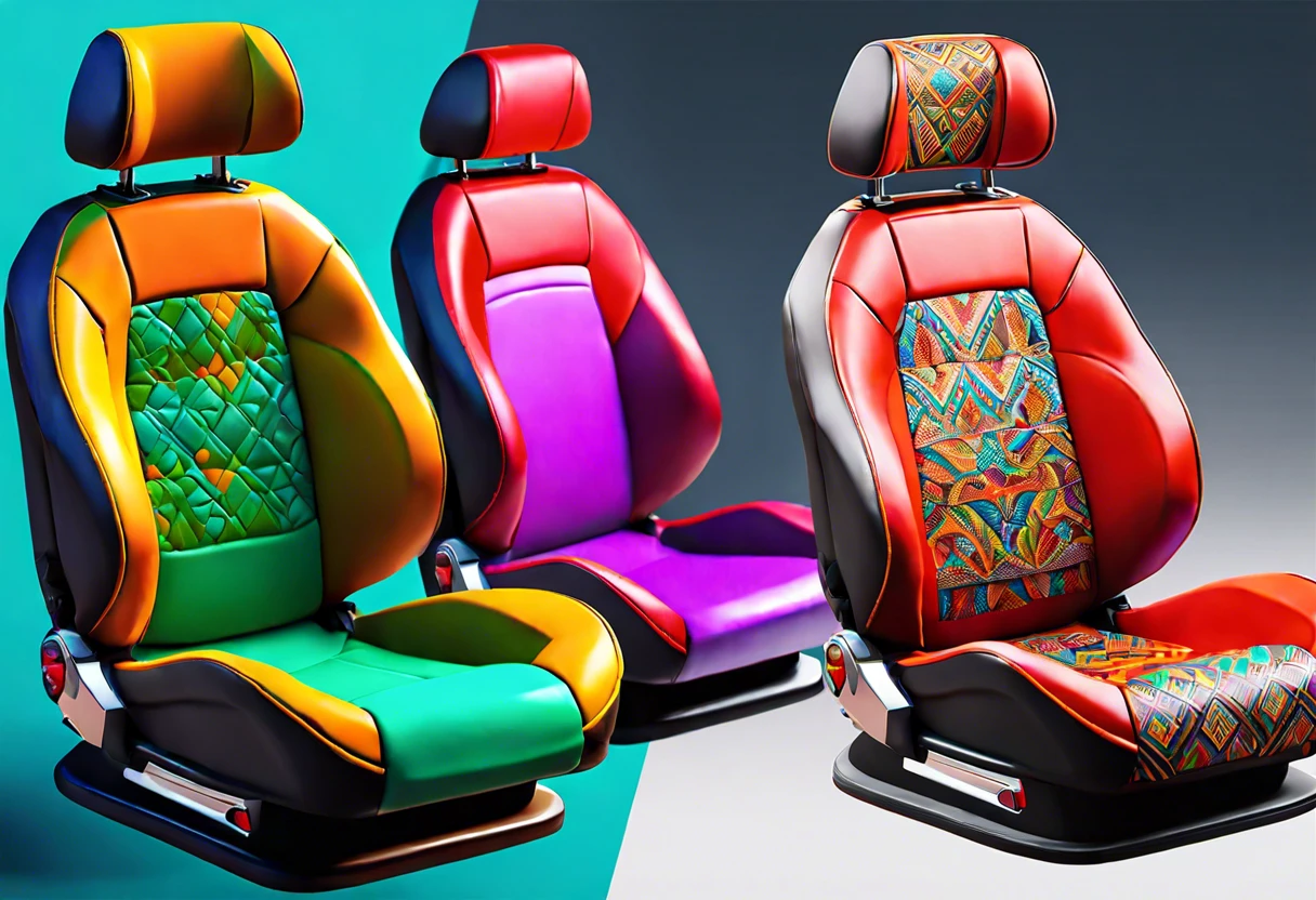 Colorfully painted leather car seats showcasing different design styles and textures.