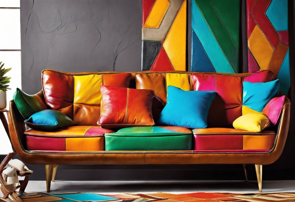 A colorful painted leather couch with decorative cushions, showcasing a bold design for leather painting projects.