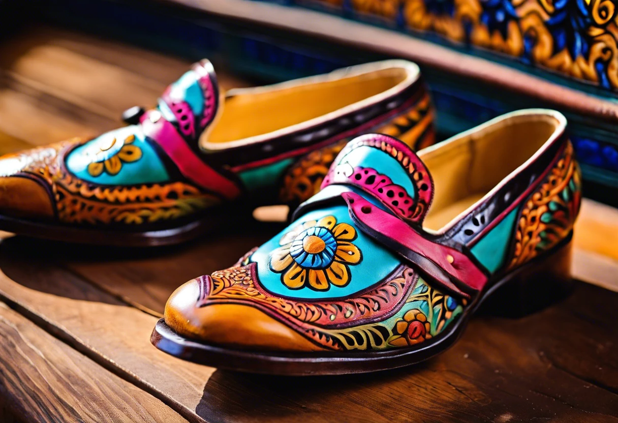 Vibrantly painted leather shoes showcasing intricate designs, perfect for learning how to paint leather.