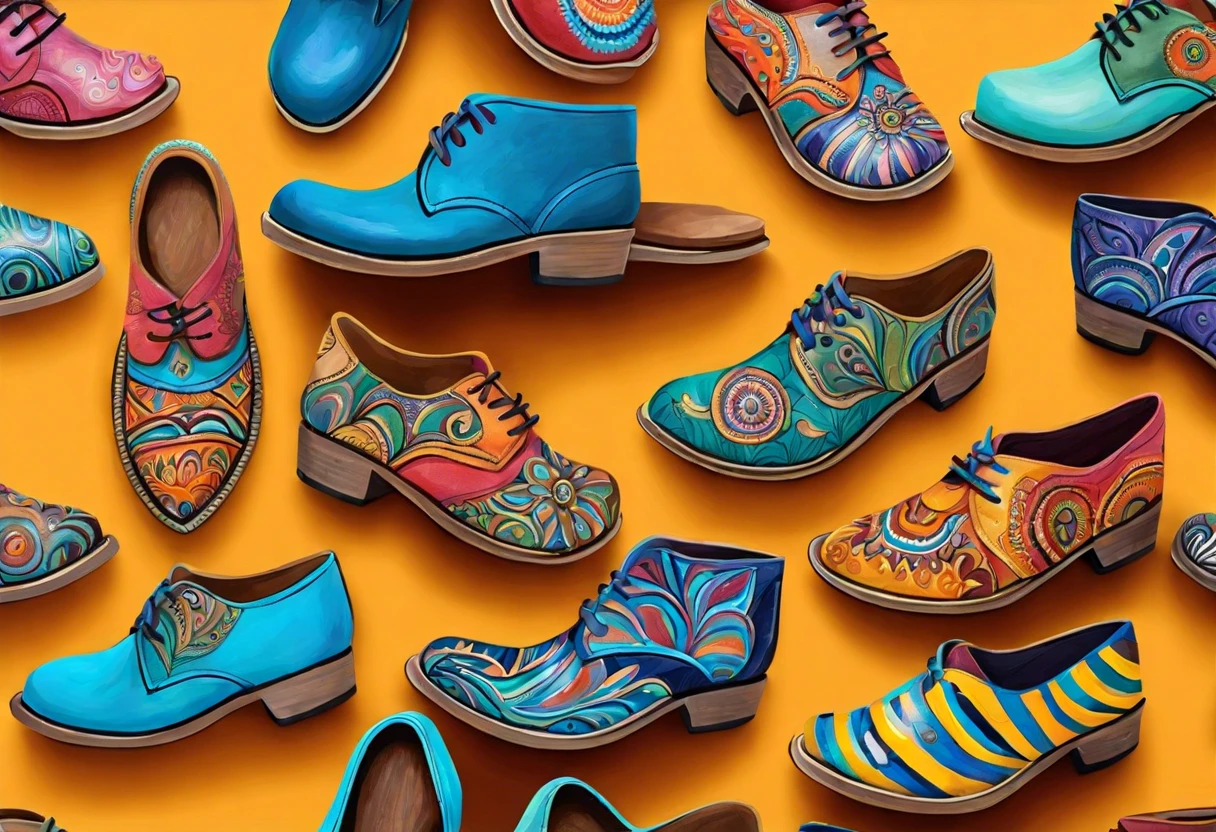 A variety of colorful and artistic leather shoes showcasing vibrant designs, illustrating how leather shoes can be painted.