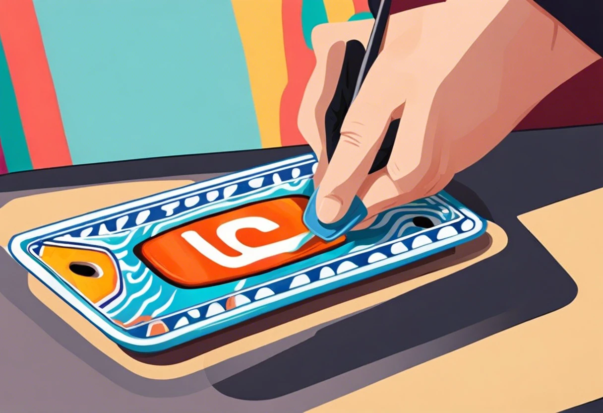 A hand painting a colorful design on a licence plate, illustrating the concept of custom licence plate decoration.