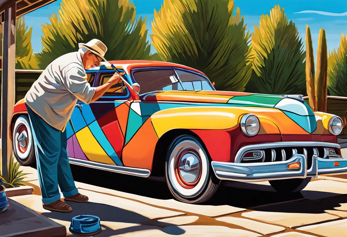 A colorful car being painted, representing the creative expression related to painting a license plate.