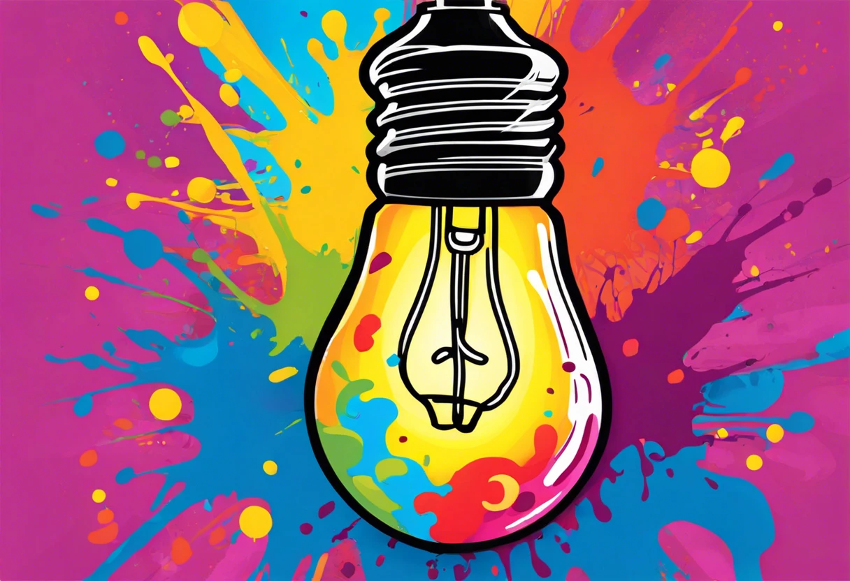 Colorful light bulb surrounded by vibrant paint splashes illustrating the concept of painting a light bulb.