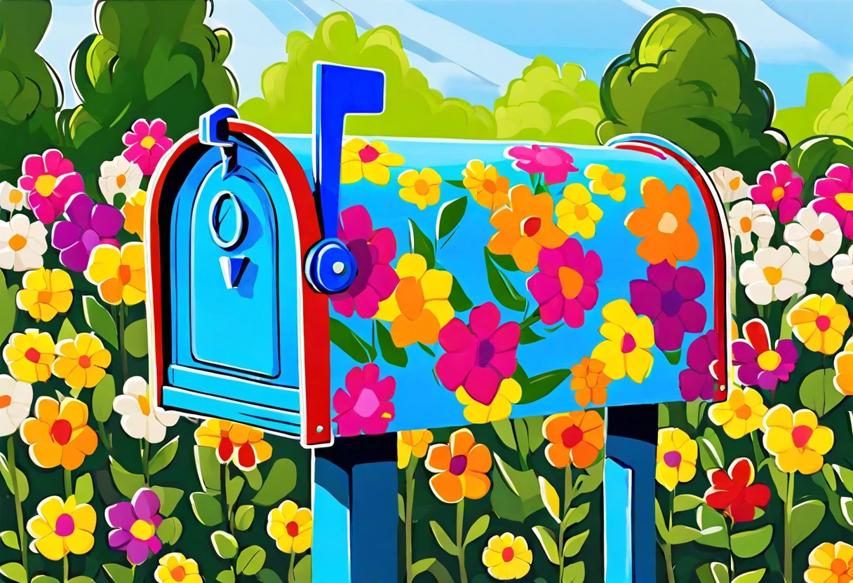 Colorfully painted mailbox surrounded by vibrant flowers, illustrating how to paint your mailbox.