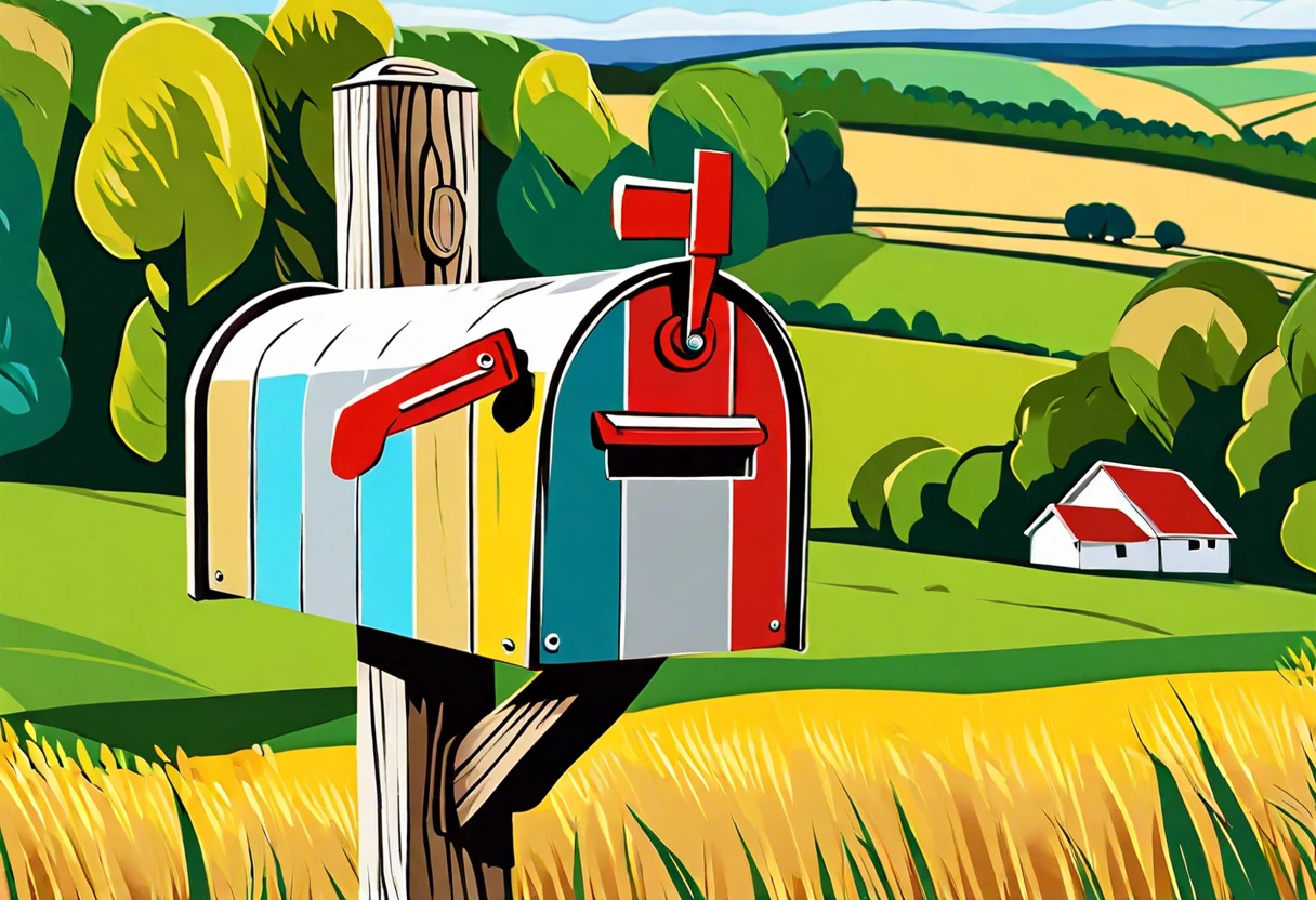 Colorfully painted mailbox in a vibrant landscape, illustrating the concept of painting your mailbox.