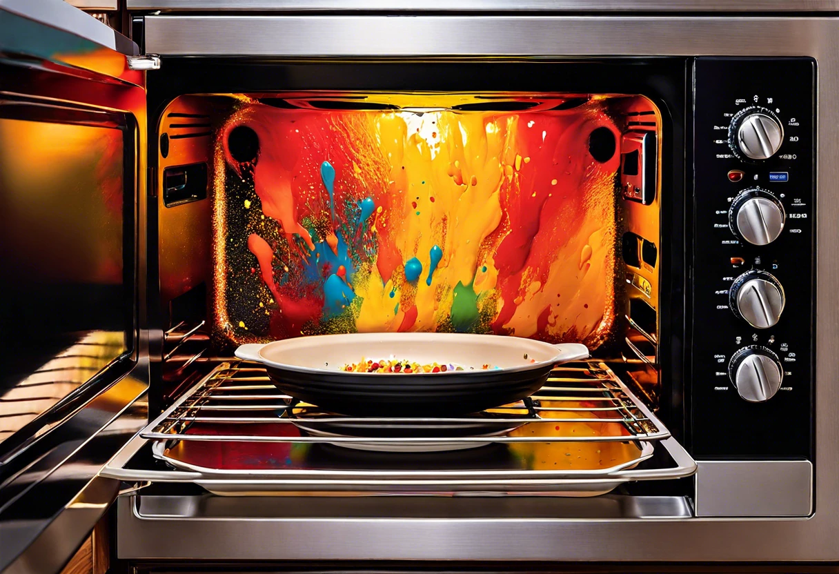 Colorful paint splashes inside a microwave, illustrating the effects of using paint inside a microwave.