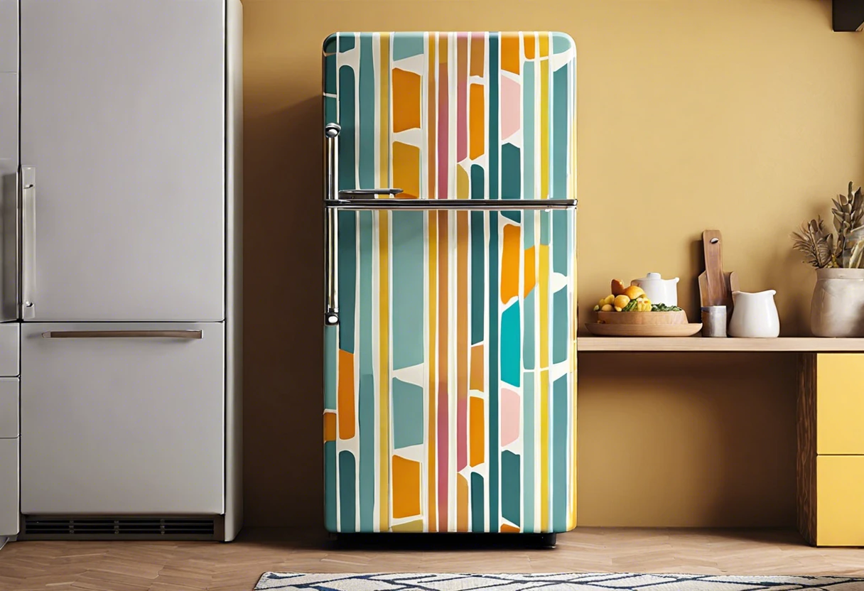Colorful painted Minyou fridge with geometric patterns in a modern kitchen setting