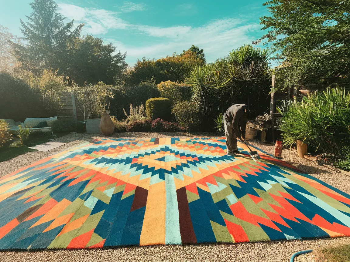 A person painting a colorful outdoor rug in a lush garden setting.