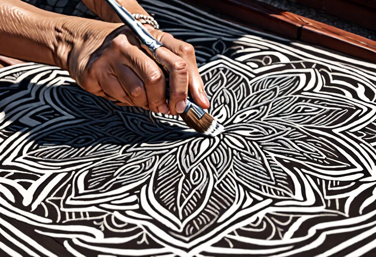 Detailed painting of an outdoor rug showing floral patterns with a brush.