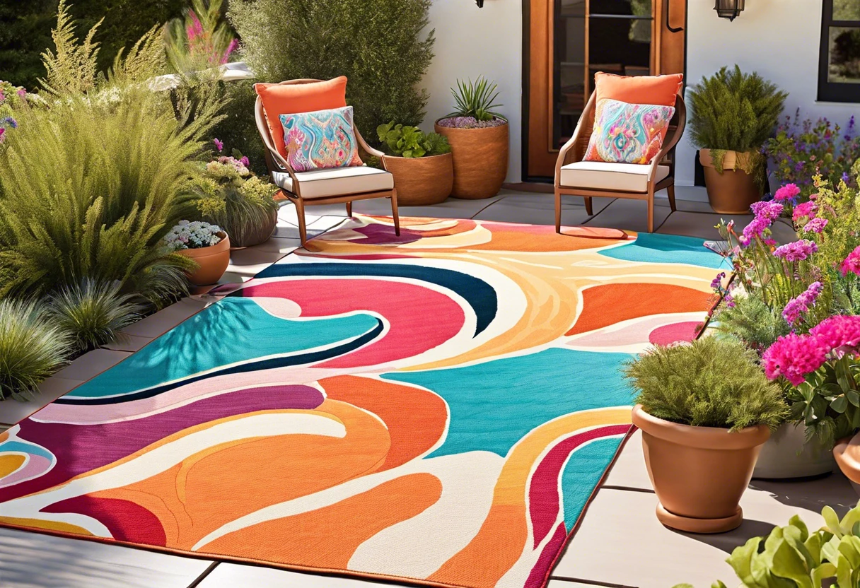 Vibrant painted outdoor rug with abstract design in a garden setting.