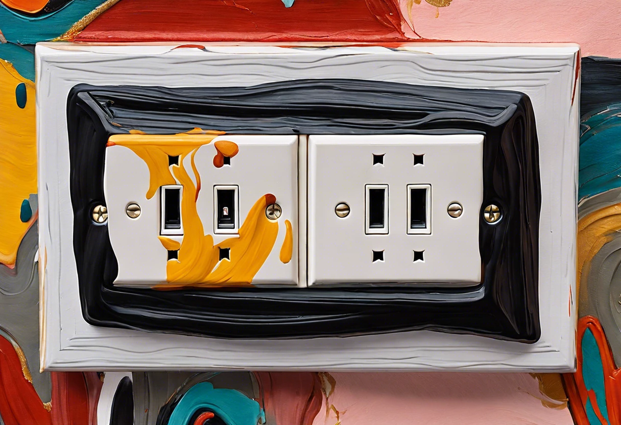 Painted electrical outlet showing artistic designs on the wall