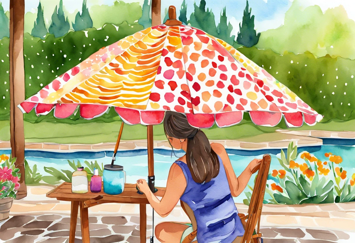 Woman painting a colorful patio umbrella in a garden setting