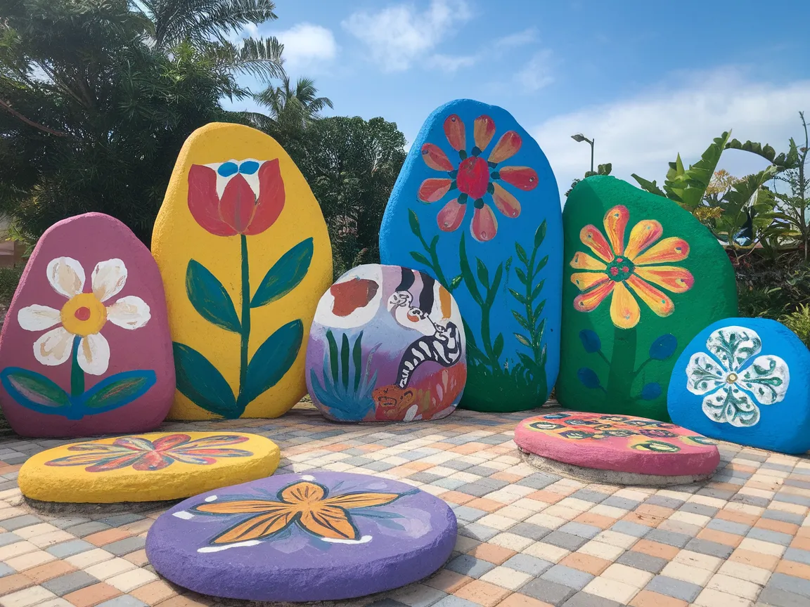 Colorfully painted paver stones with floral designs, showcasing vibrant colors and artistic patterns.