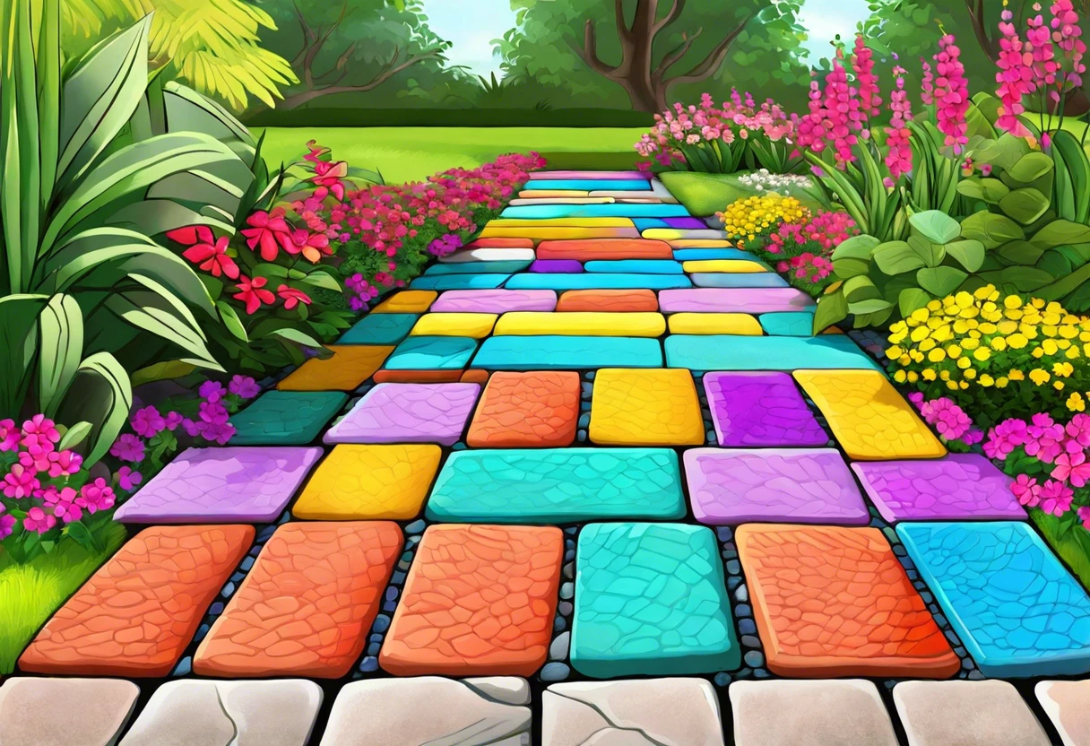 Colorful painted paver stones in a garden setting showcasing vibrant hues and beautiful landscaping.