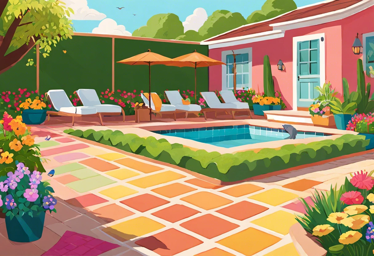 Colorfully painted pavers in a backyard with pool and lounge area, showcasing the potential of painting pavers.