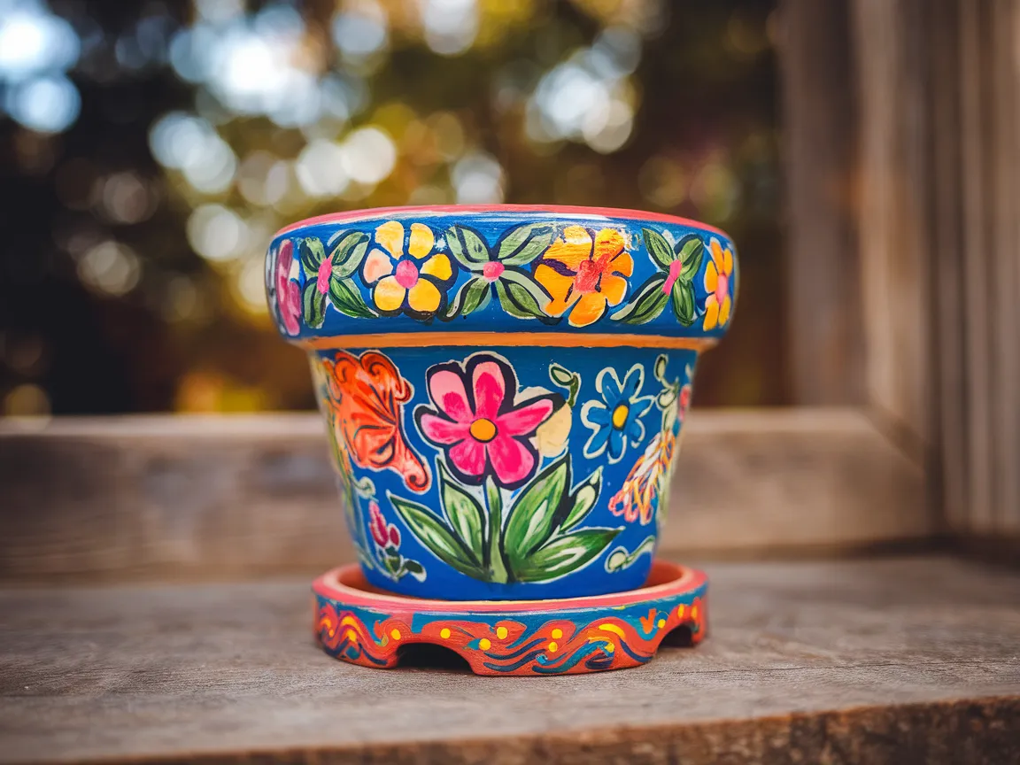 Colorfully painted plant pot with floral designs, perfect for gardening projects.