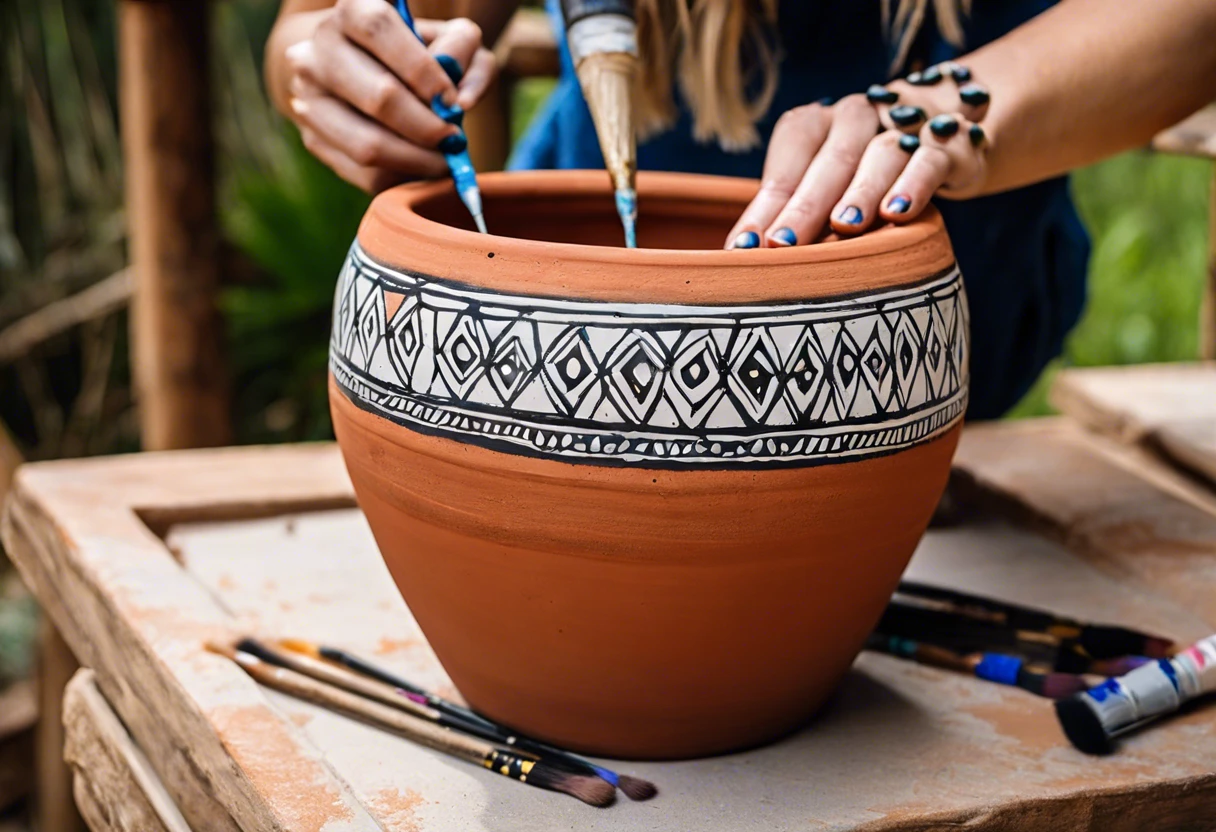 Painting a terracotta plant pot with intricate designs for a decorative look.