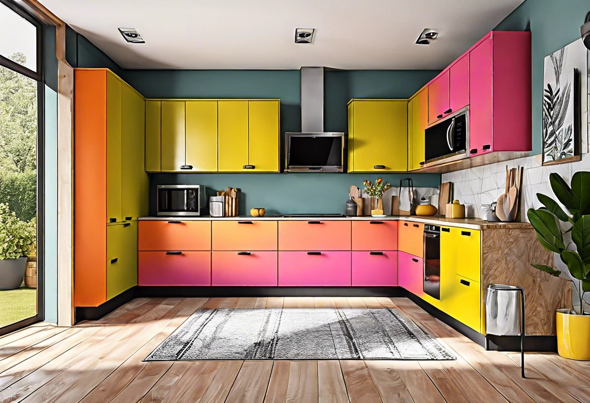 Colorful kitchen showcasing painted pressboard cabinets in vibrant colors.
