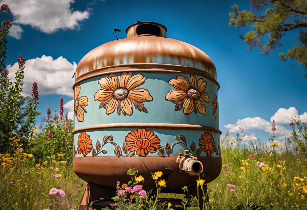 Decorative propane tank with flowers, showcasing painting options for propane tanks.