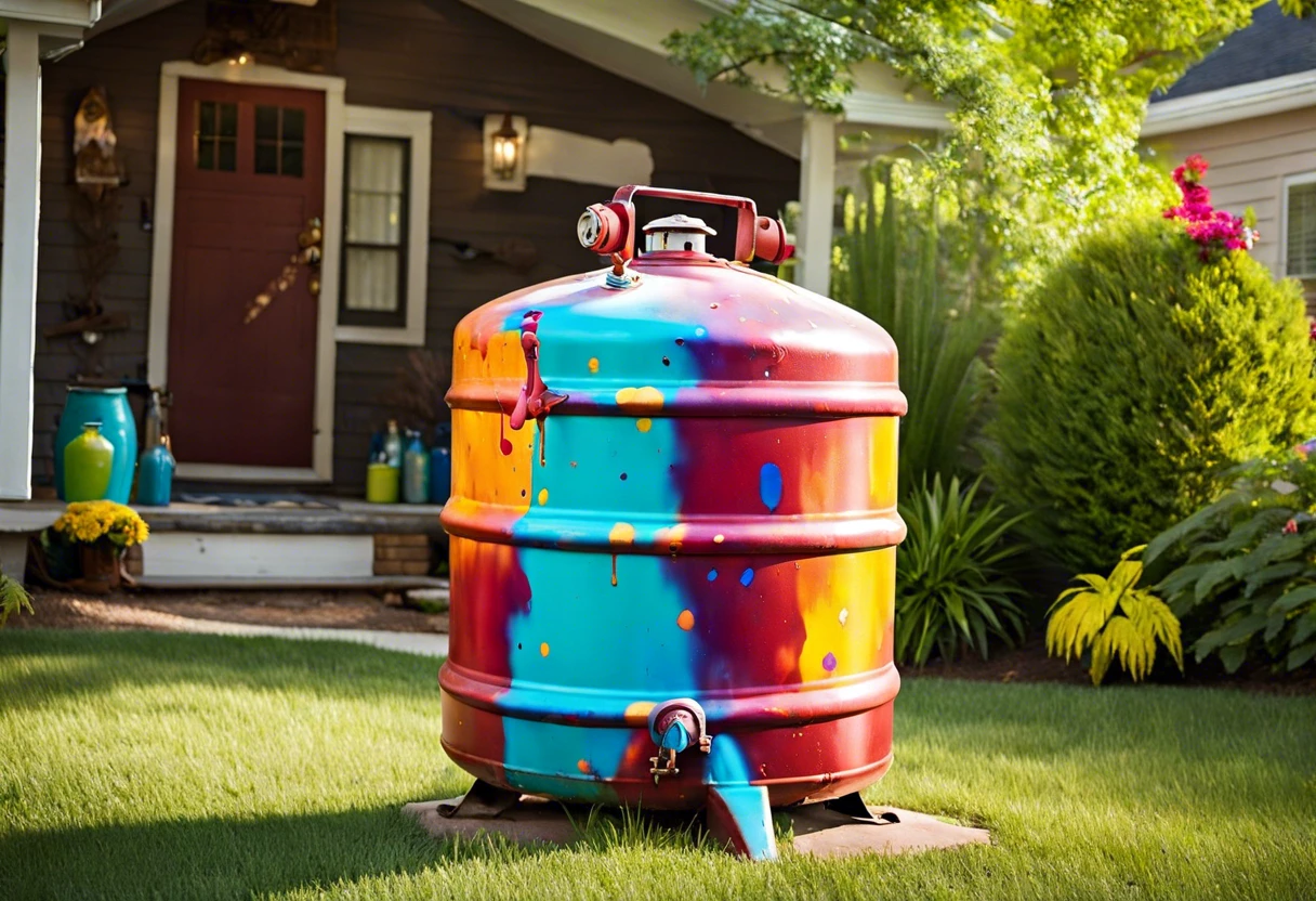Vibrantly painted propane tank in a garden setting, showcasing colorful art, related to painting propane tanks.