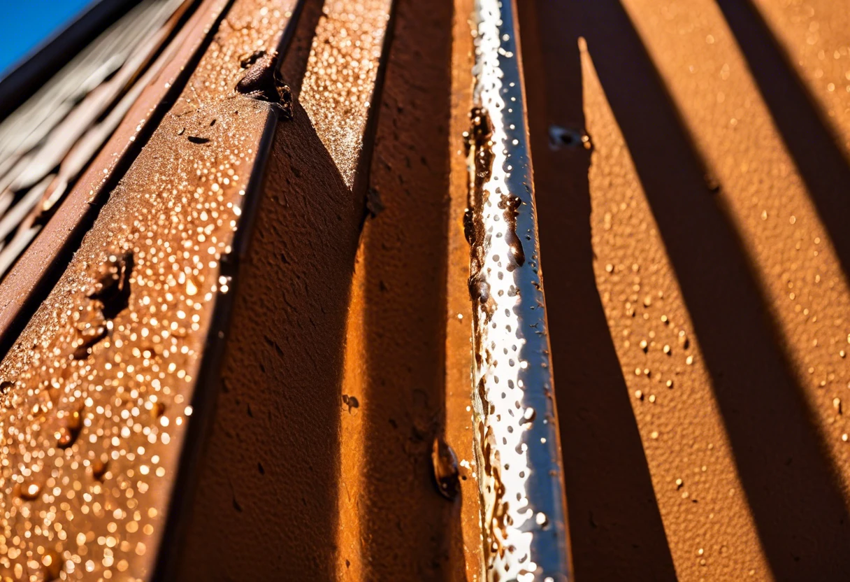 Close-up view of rain gutters showing paint and water droplets, illustrating the possibility of painting rain gutters.