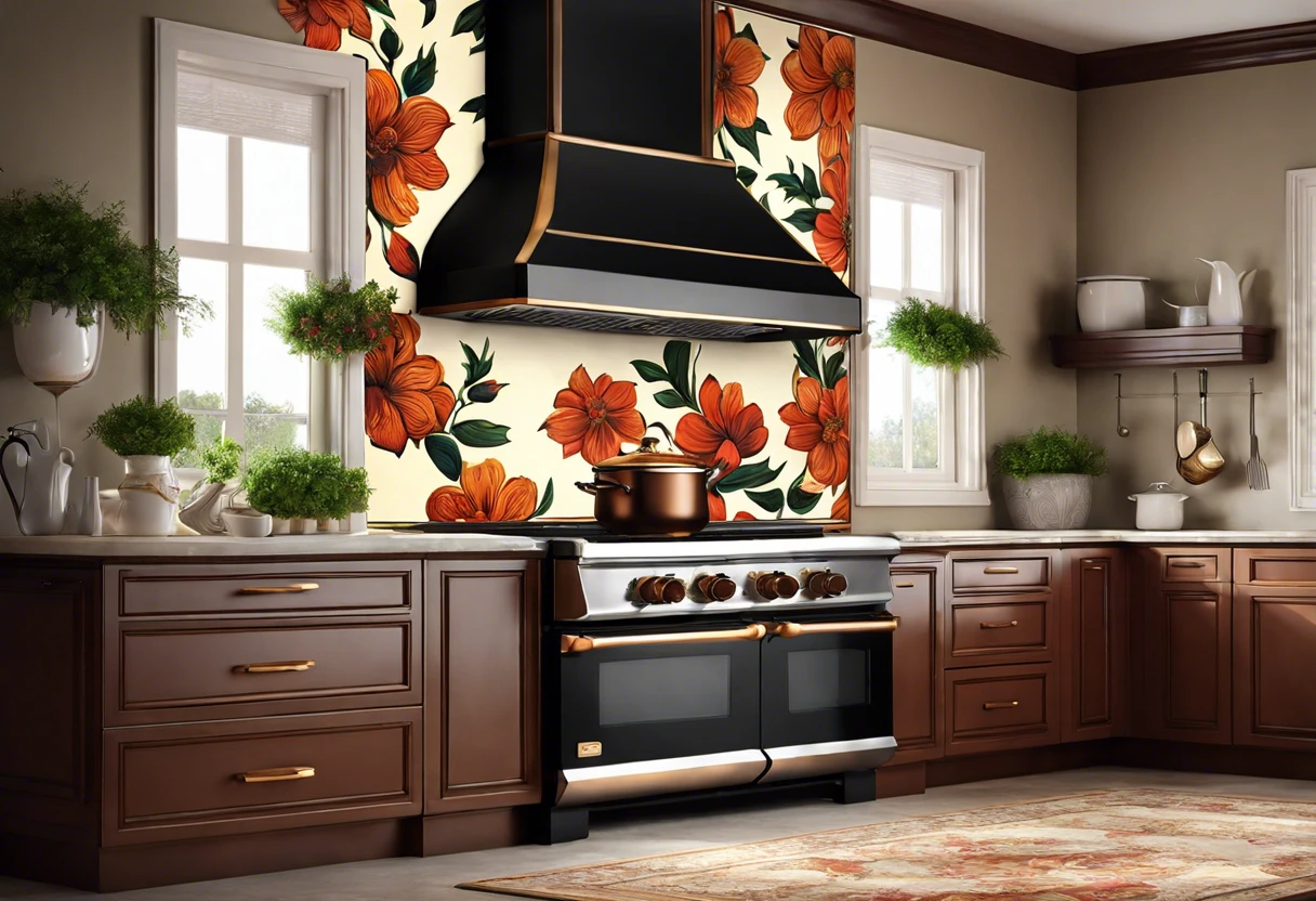 Beautifully painted range hood with floral backsplash in a modern kitchen, showcasing a stylish kitchen design.