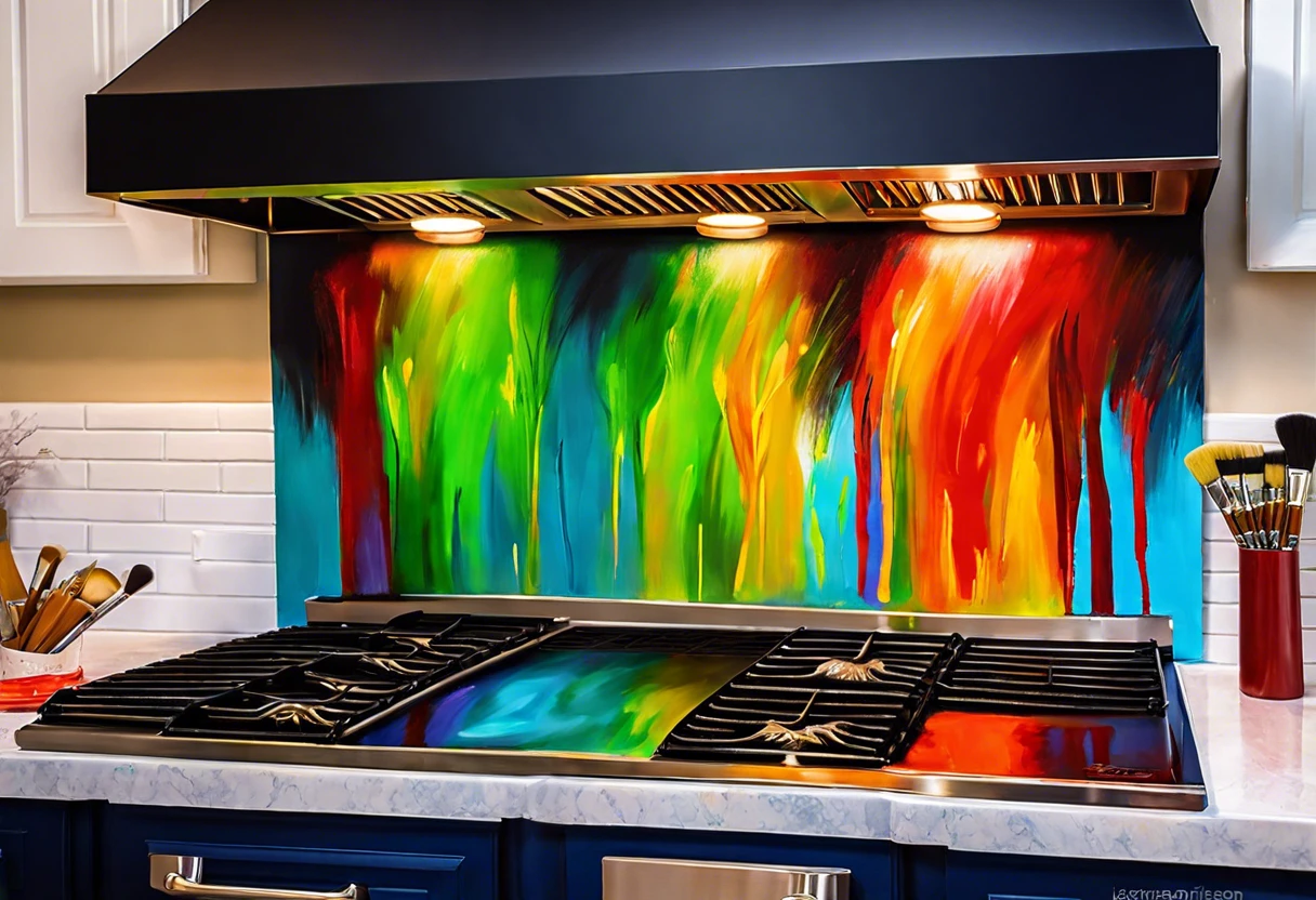 Colorfully painted range hood showcasing brush painting technique for kitchen aesthetics.