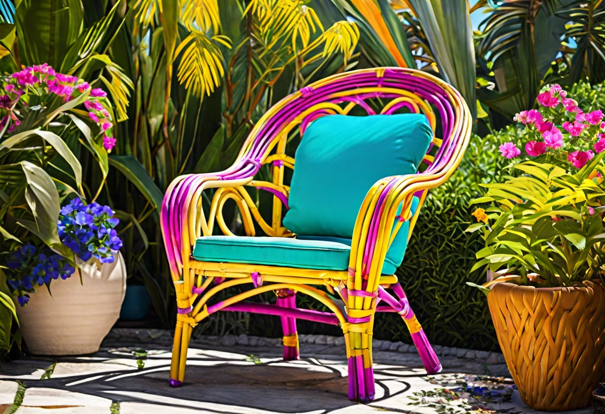 Vibrantly painted rattan chair in a garden setting
