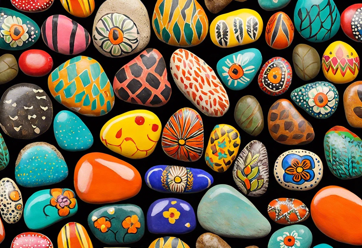 Colorful painted rocks showing different designs and patterns, ideal for decorative painting projects