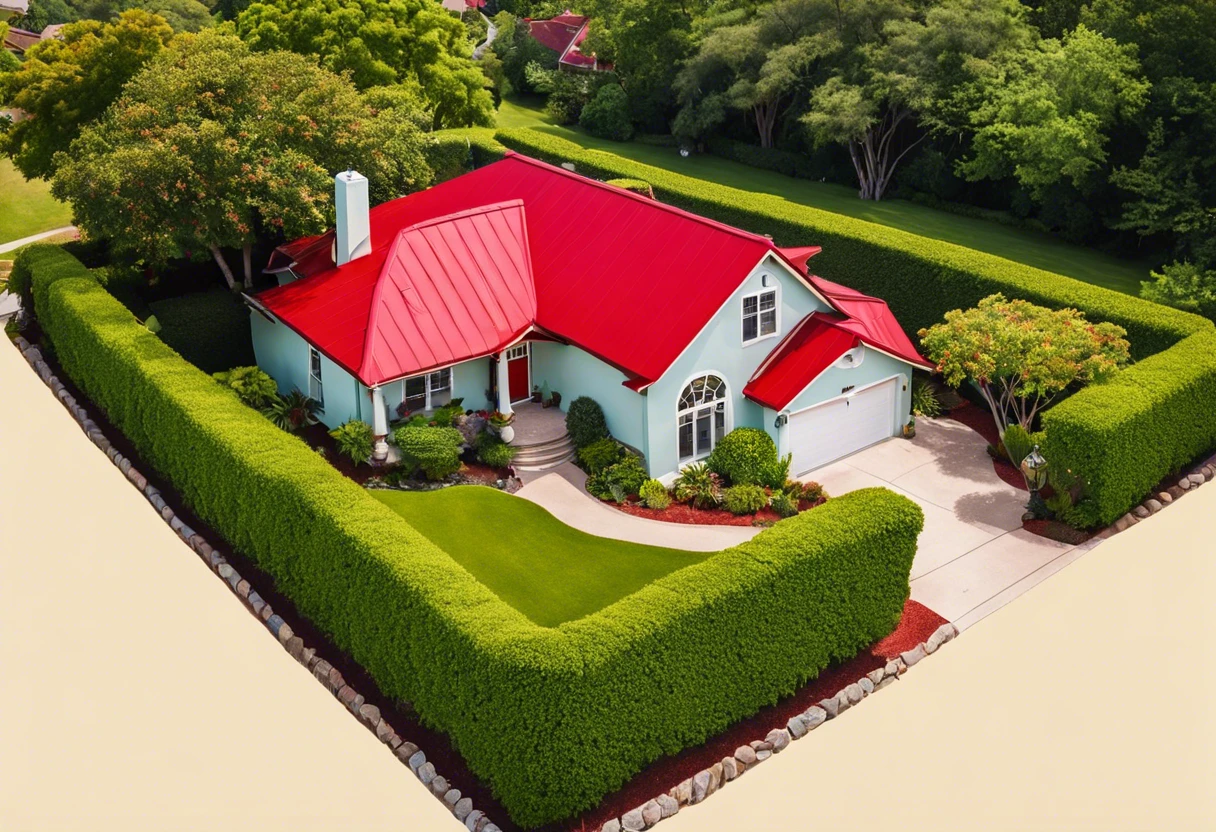 Aerial view of a house with a red painted roof showcasing the option to paint roofs.