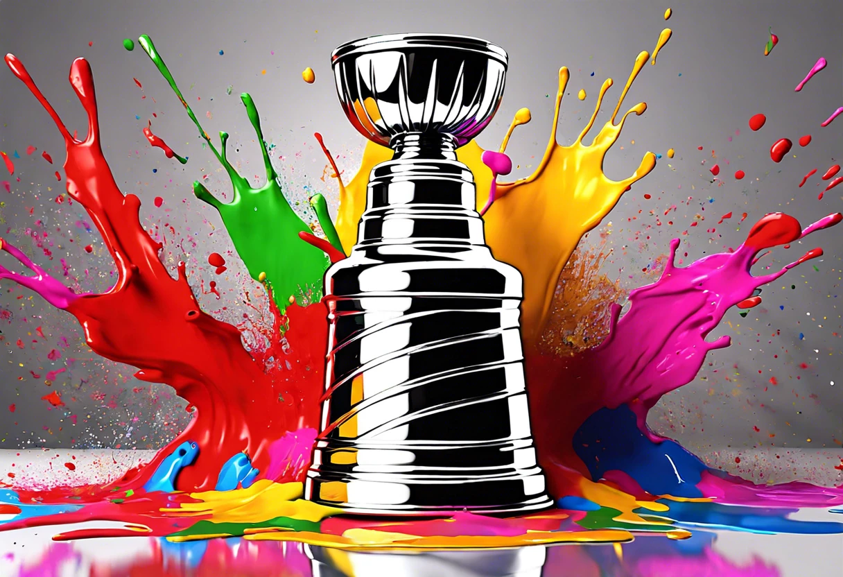 Colorful splashes around a Stanley Cup, illustrating the concept of painting a Stanley Cup.
