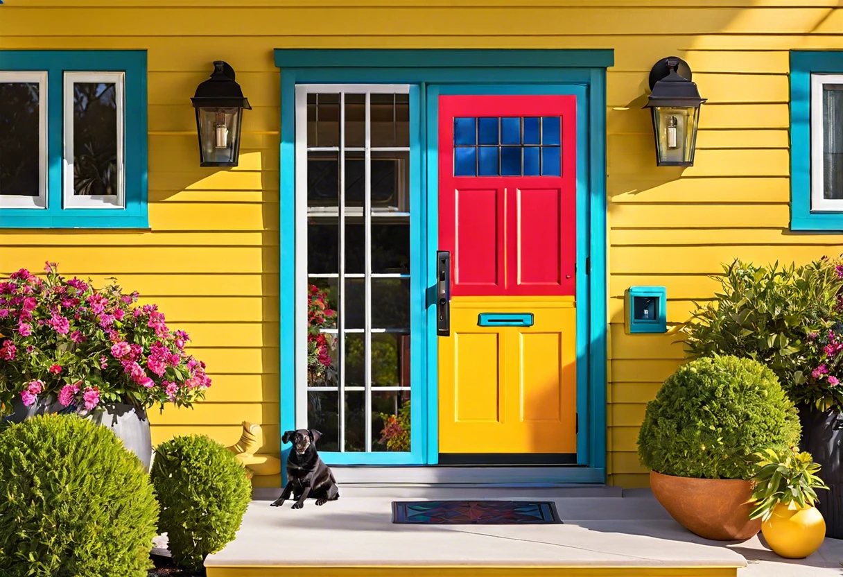 Vibrantly painted storm door in red and yellow, showcasing the potential for customization.