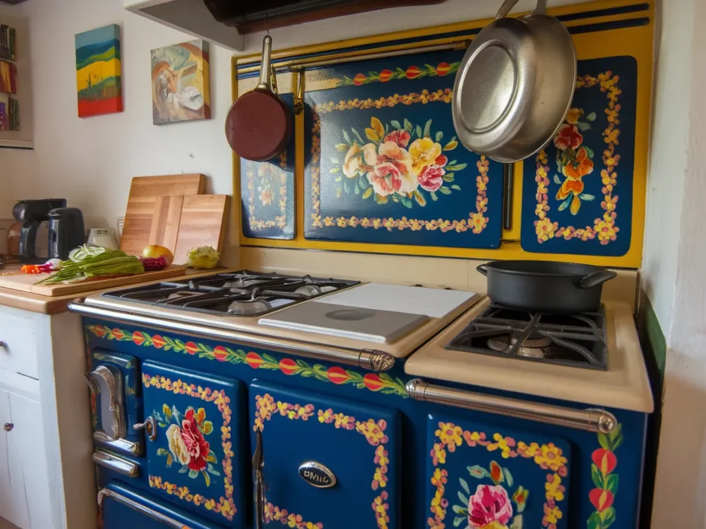 Colorfully painted stove in a kitchen showcasing artistic designs, ideal for a blog on painting stoves.