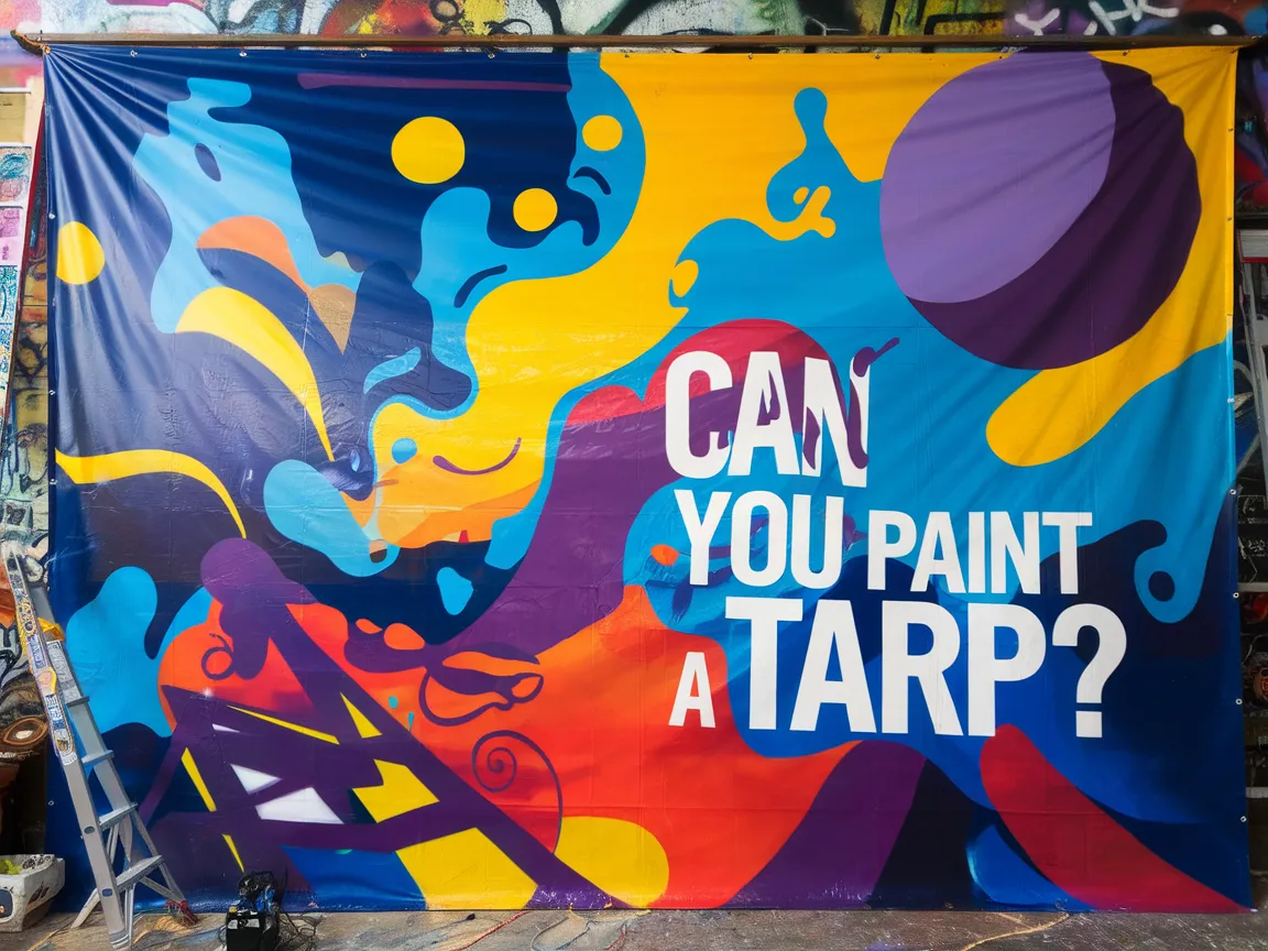 Colorful design on a tarp with the question 'Can You Paint a Tarp?' for DIY enthusiasts.