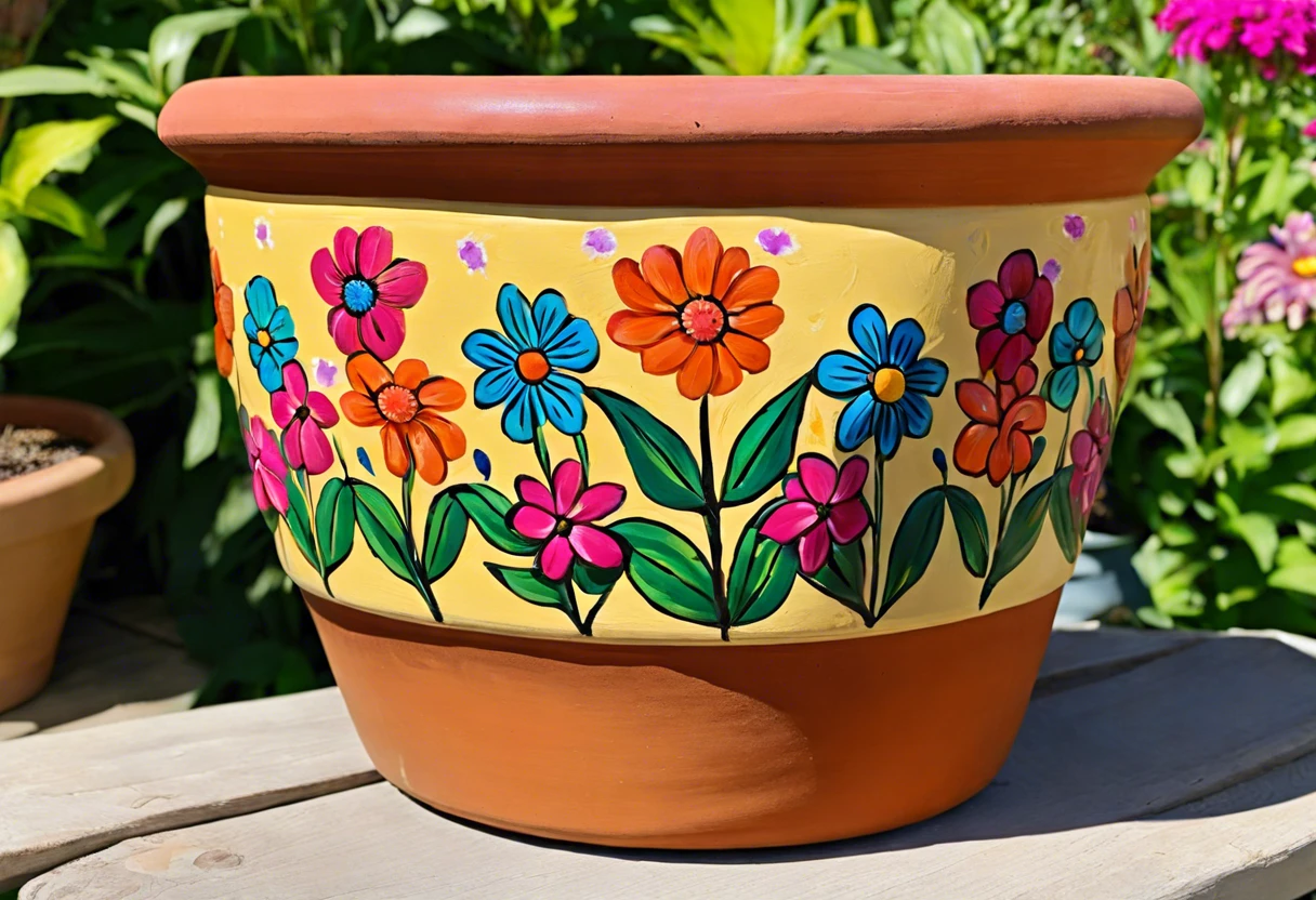 Vibrantly painted terra cotta pot featuring colorful flowers, showcasing the potential of painting terra cotta pots.