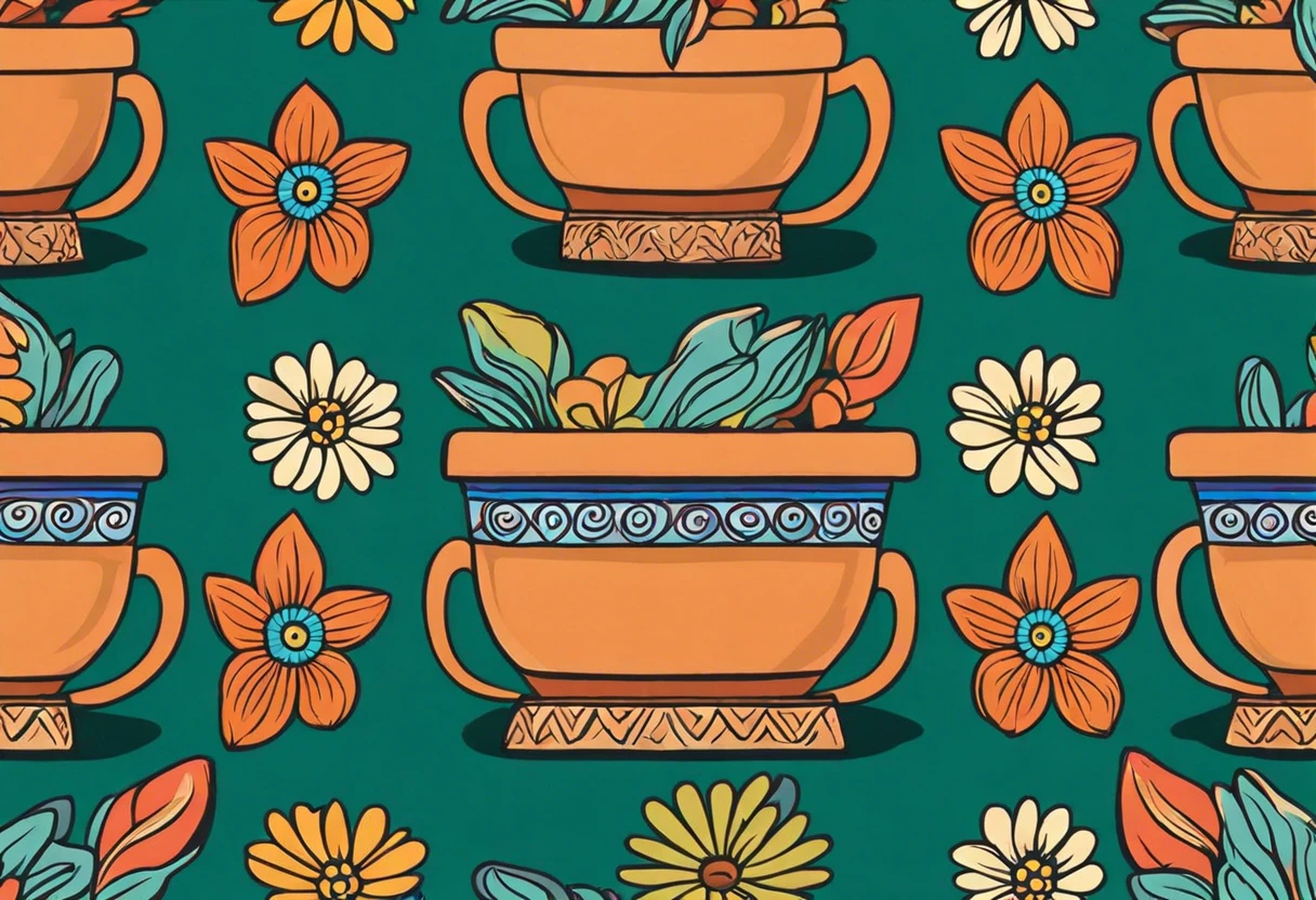 Colorful design of painted terra cotta pots with flowers, illustrating how to paint a terra cotta pot.