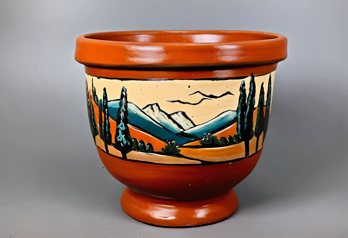 Hand-painted terra cotta pot featuring a scenic mountain landscape