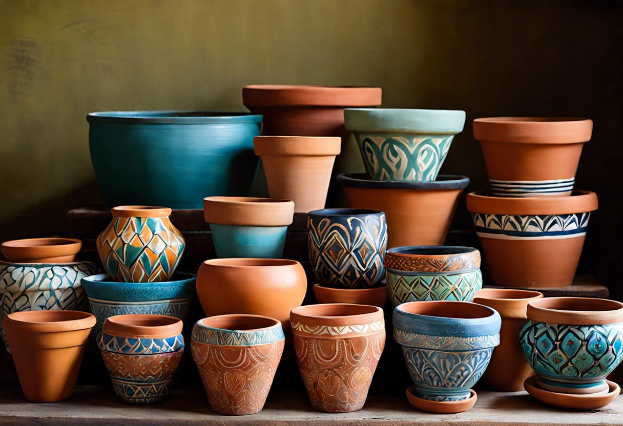 Vibrant and Decoratively Painted Terra Cotta Pots Displayed Together