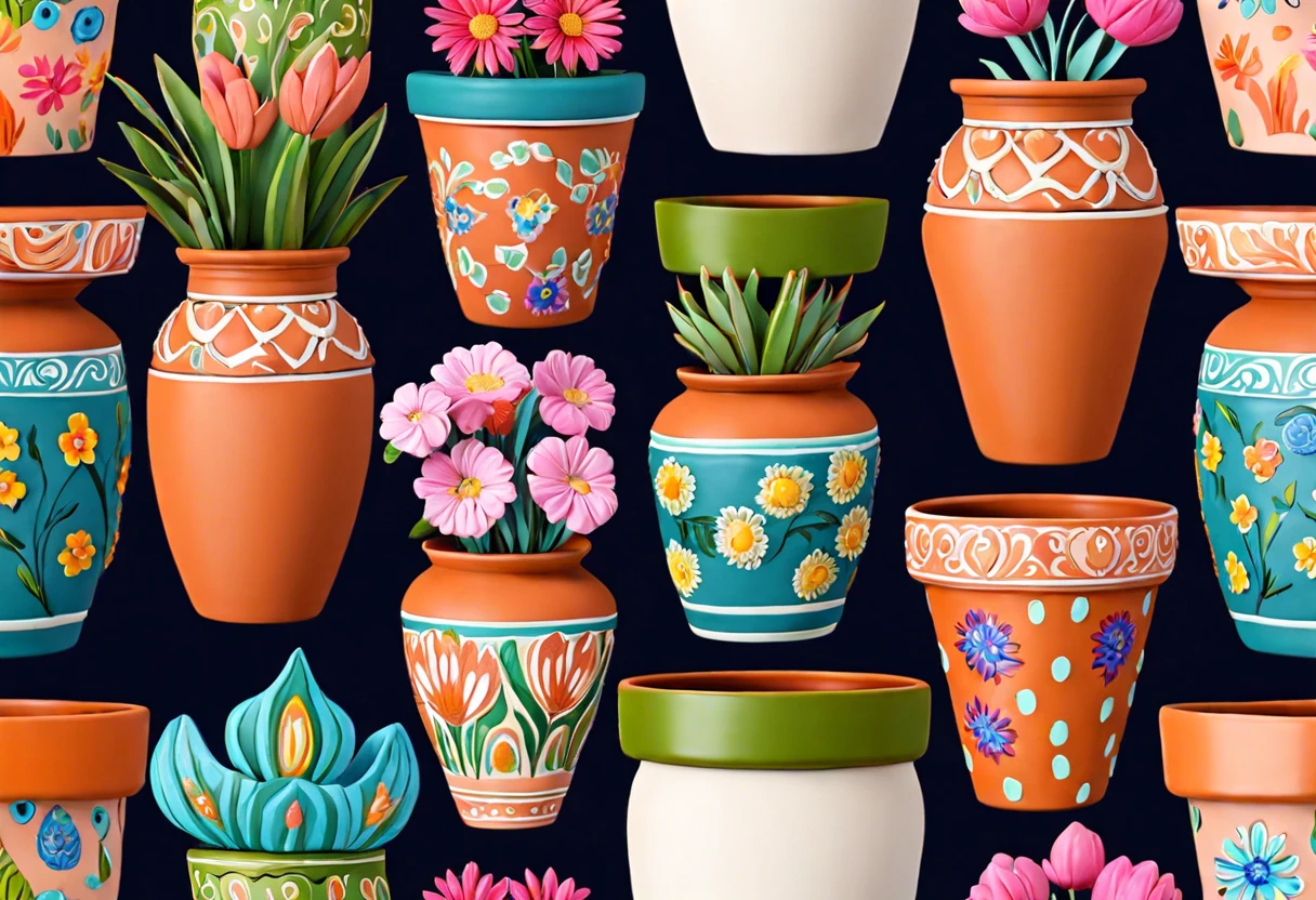 Vibrant and decorative painted terra cotta pots showcasing various floral designs, ideal for garden aesthetics.