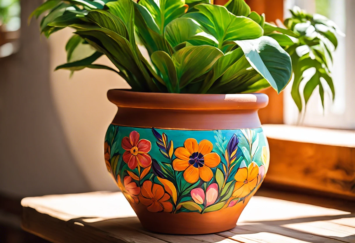 A beautifully painted terracotta pot with colorful flowers, demonstrating how terracotta pots can be painted.