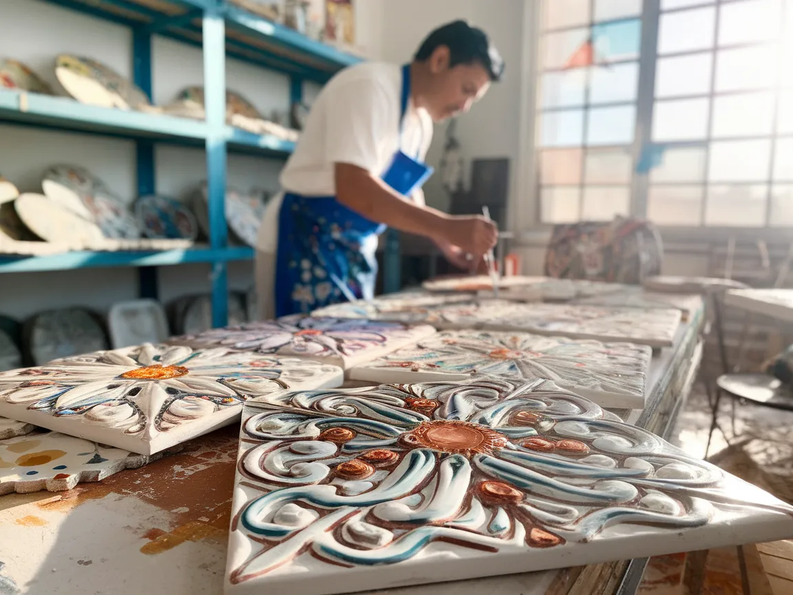 Artisan painting decorative tiles in a workshop